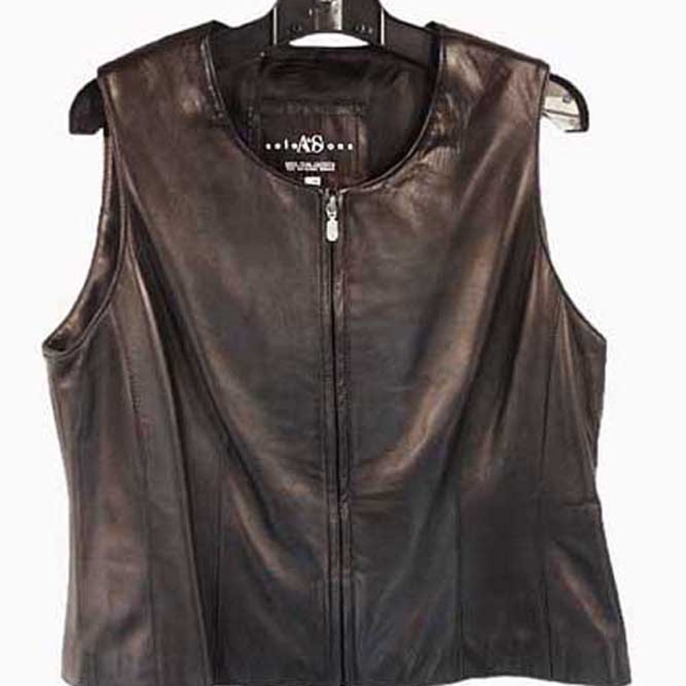 CALF LEATHER VEST, BLACK, MISSES XL, SHAPED BUST, FRONT ZIPPER, FULL LINING,
